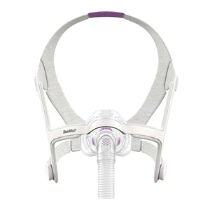 Front view of grey headgear and nasal mask frame with silicone cushion for the AirFit N20 Complete Mask System For Her.