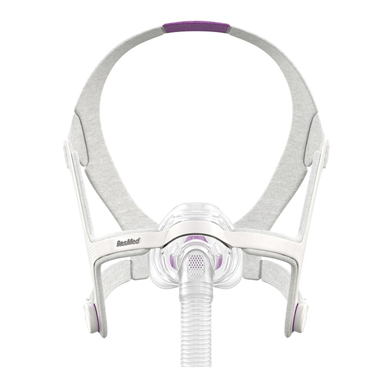Front view of grey headgear and nasal mask frame with silicone cushion for the AirFit N20 Complete Mask System For Her.