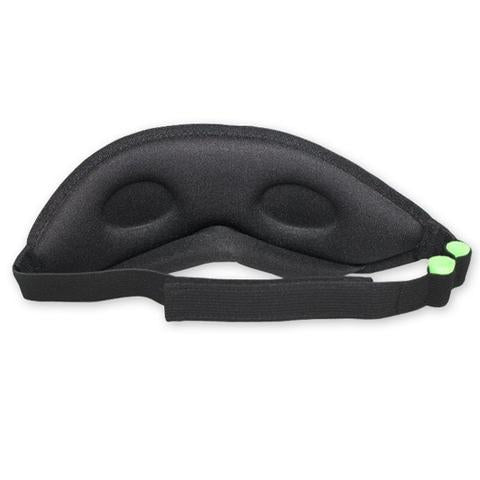 Back view of Blockout Shade Mask with green earplugs on the side.