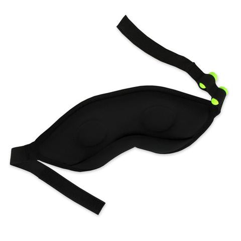 Front view of Blockout Shade Mask with green earplugs on the side and opened straps.