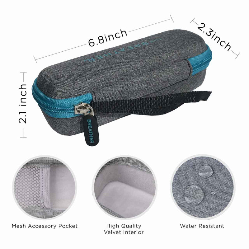 The Breather Case in blue with size.