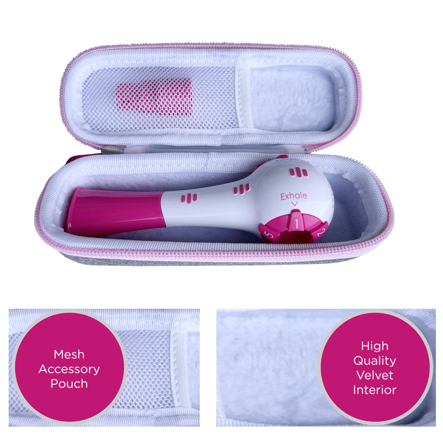 Pink breather case with breather inside.