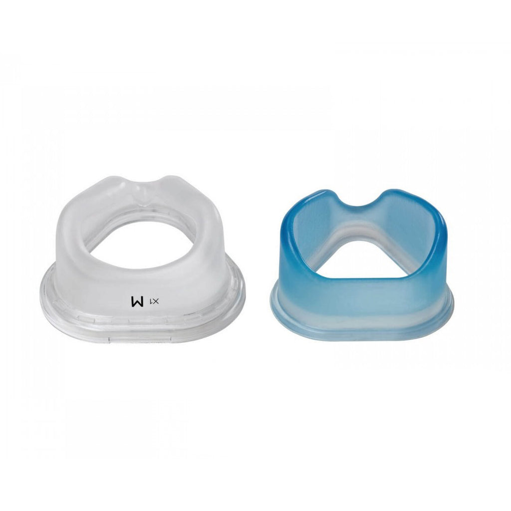 Philips ComfortGel Blue nasal mask replacement set, clear silicone flap and blue gel cushion side by side