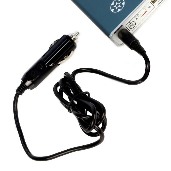 Black Mobile DC Car Charging Cord connected to Pilot-12 Lite & Pilot-24 Lite Battery Packs