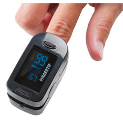 Front view of Roscoe Digital Pulse Oximeter on finger