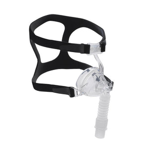Isometric view of the Nasal Fit Deluxe EZ Mask with black headgear and a clear silicone cushion made by Drive.