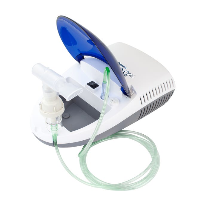 Dynarex Resp-O2 Elite compressor nebulizer with blue lid, nebulizer cup, mouthpiece, and air tubing