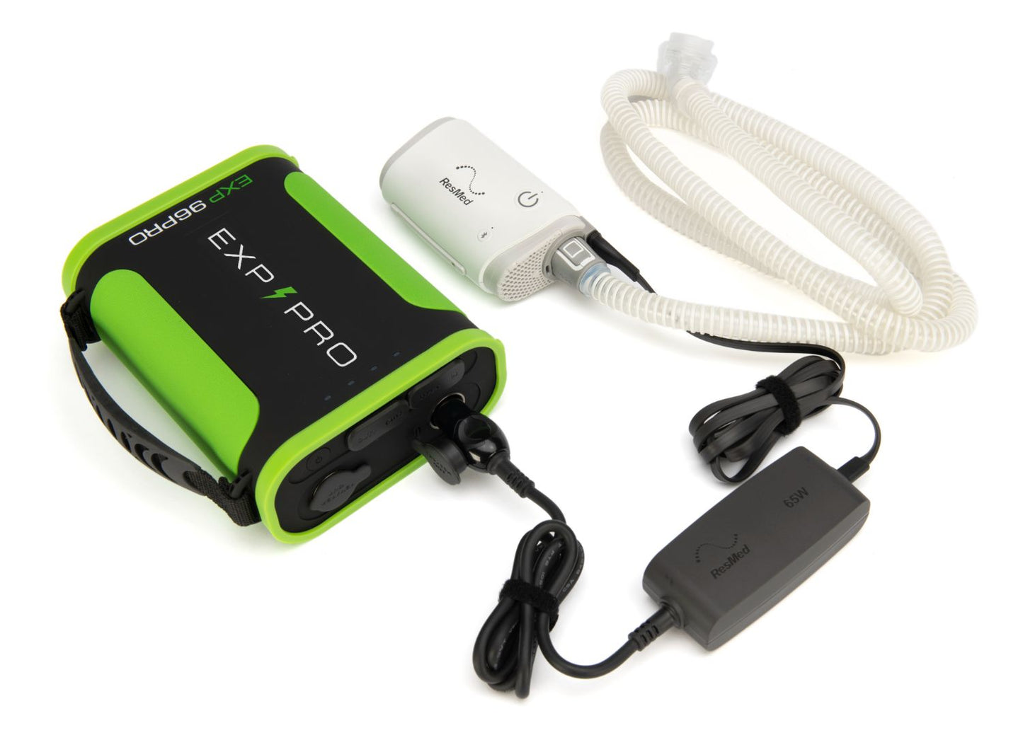 EXP96PRO Battery Bank connected to AirMini Travel CPAP.