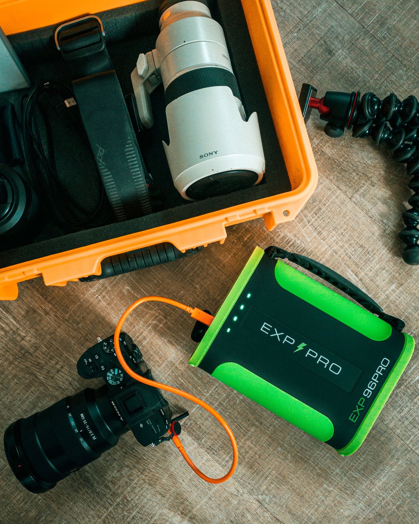 EXP96PRO Battery Bank connected to camera.