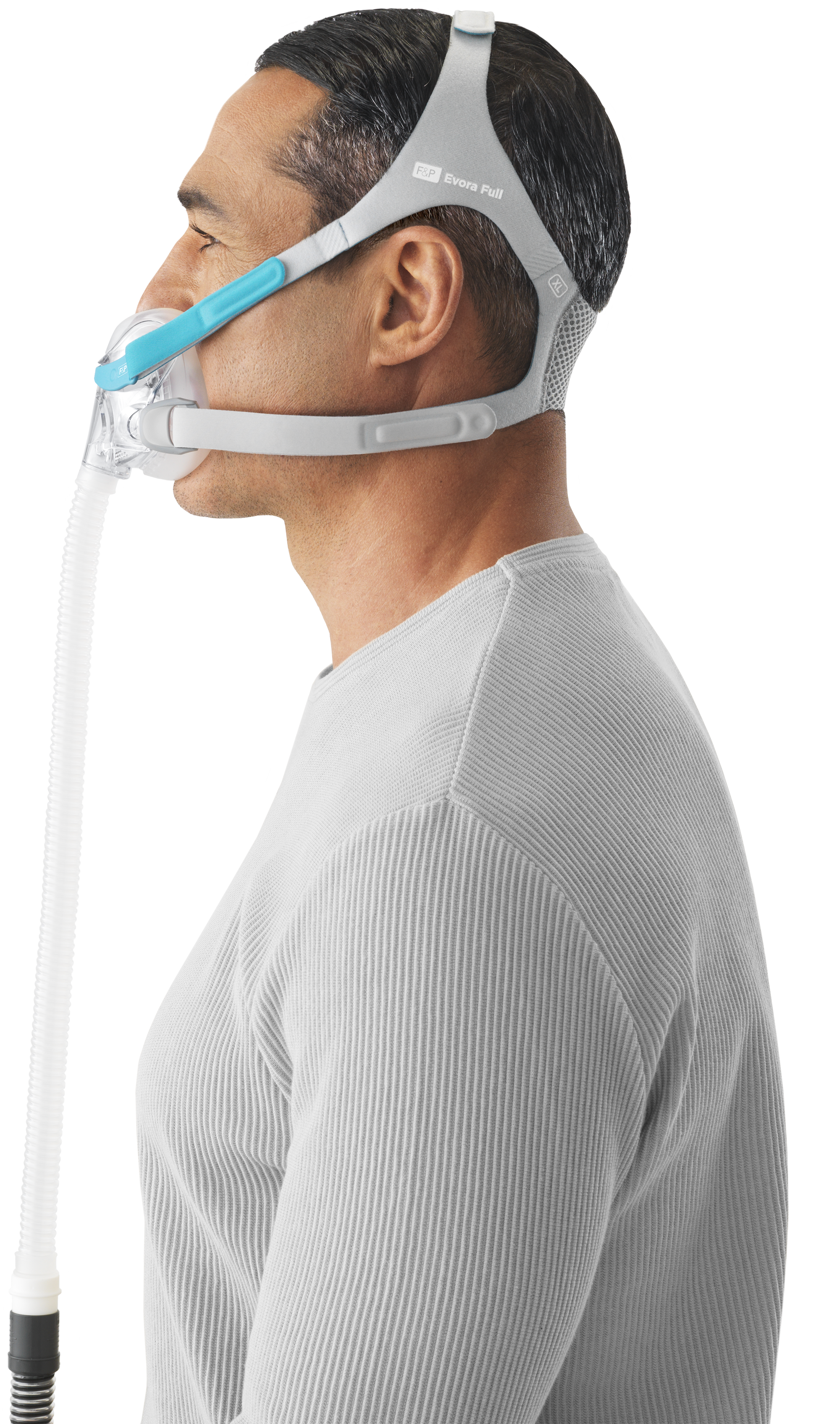 Side view of man wearing the Evora full face CPAP mask.