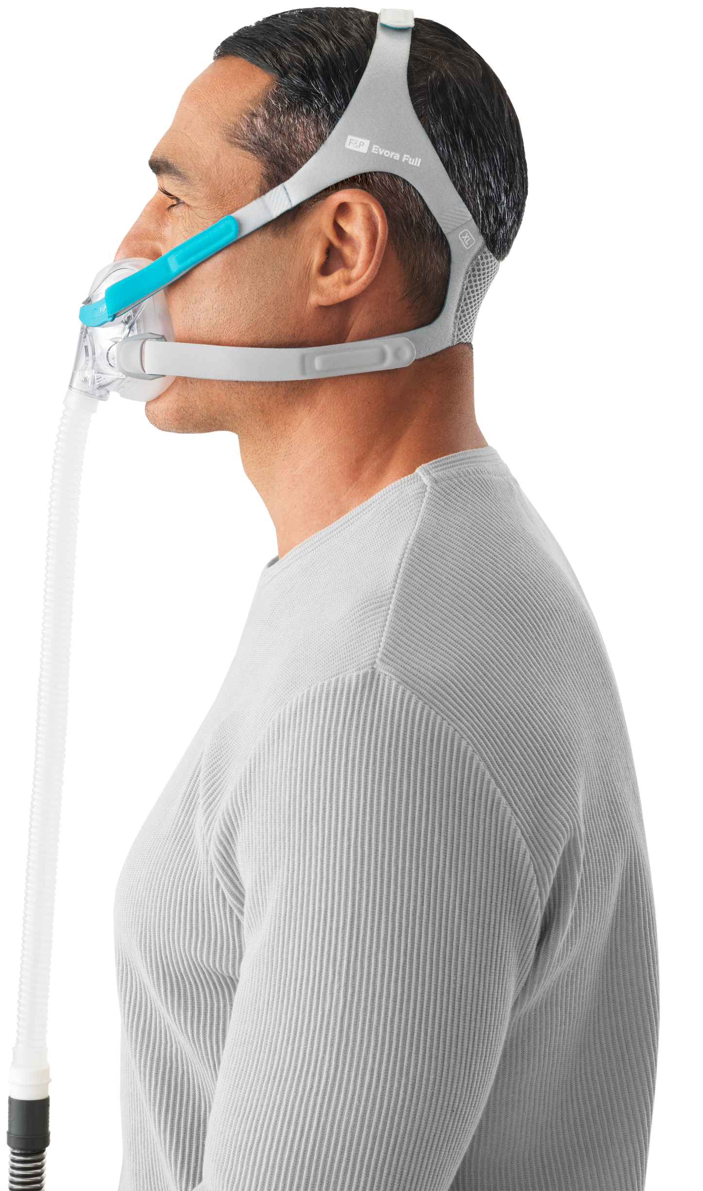 Side view of man wearing the Evora full face CPAP mask.