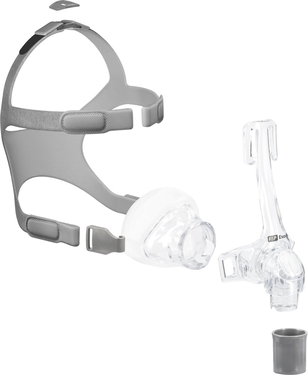 Side assembly view clear Eson Nasal Mask with grey headgear and silicone cushion by Fisher and Paykel.