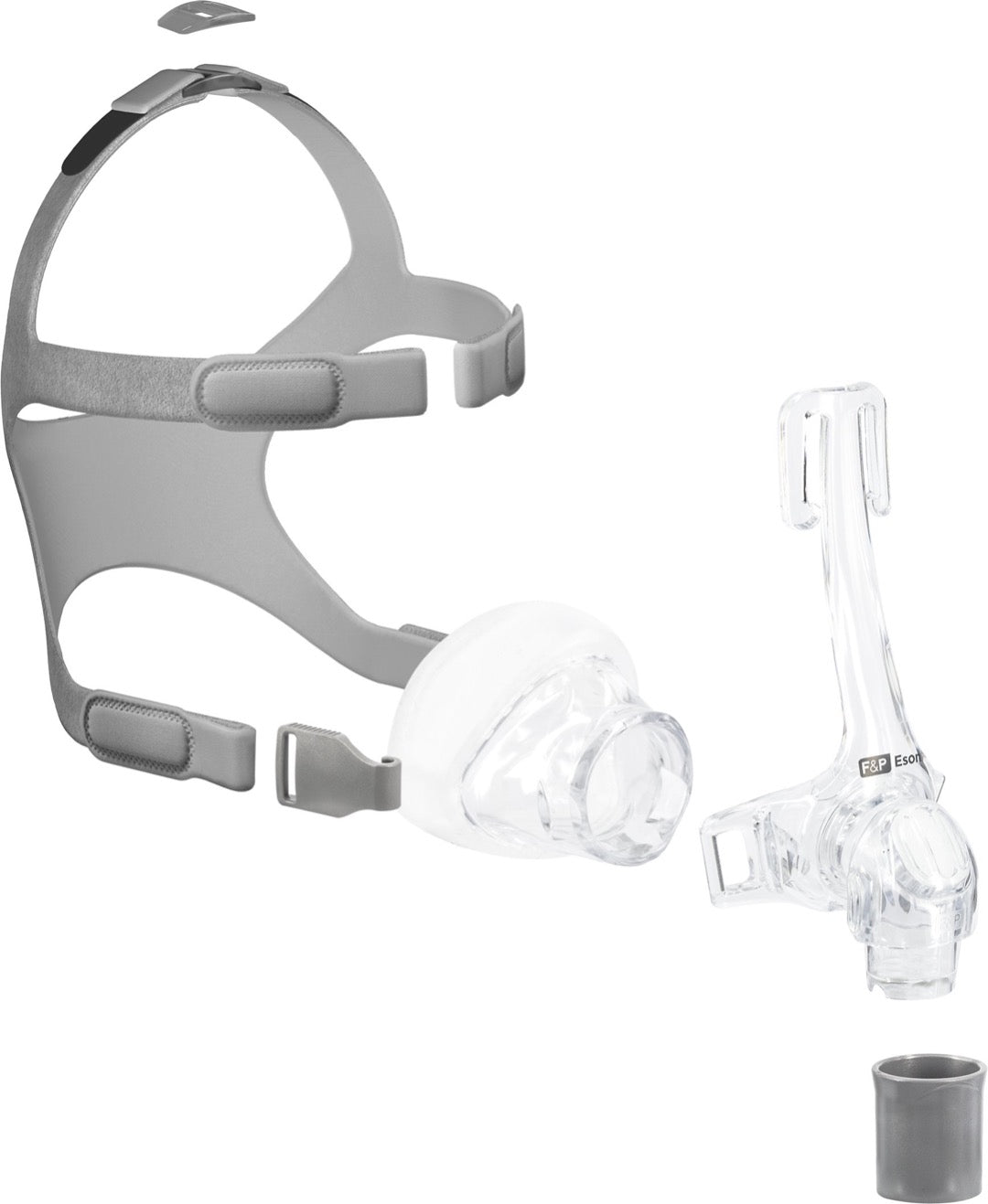Side assembly view clear Eson Nasal Mask with grey headgear and silicone cushion by Fisher and Paykel.