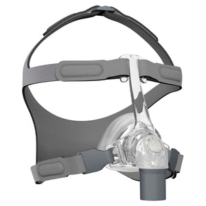Isometric view of clear Eson Nasal Mask with grey headgear by Fisher and Paykel.