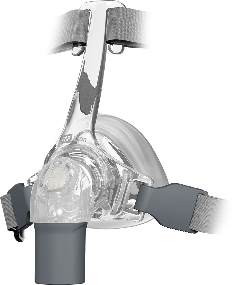 Isometric view of clear Eson Nasal Mask with tube connector by Fisher and Paykel.
