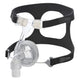 Isometric view of clear Zest Premium Nasal CPAP Mask with black Headgear by Fisher & Paykel.