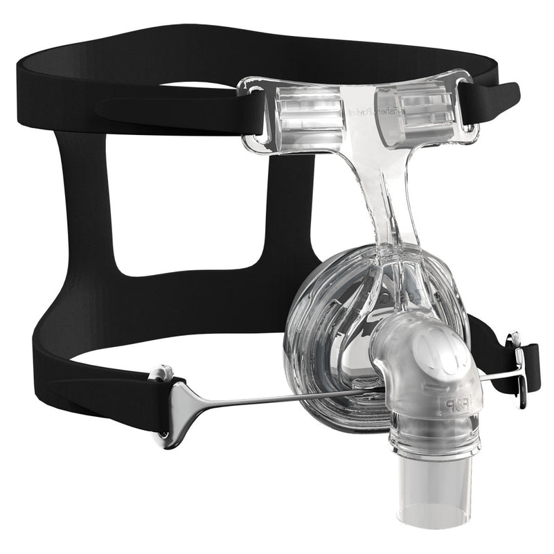 Isometric view of clear Zest Q Premium Nasal CPAP Mask with black Headgear by Fisher & Paykel.