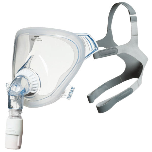 Side view of assembly of clear full face mask from FitLife Total Face CPAP Mask With Light Grey Headgear by Phillips Respironics.