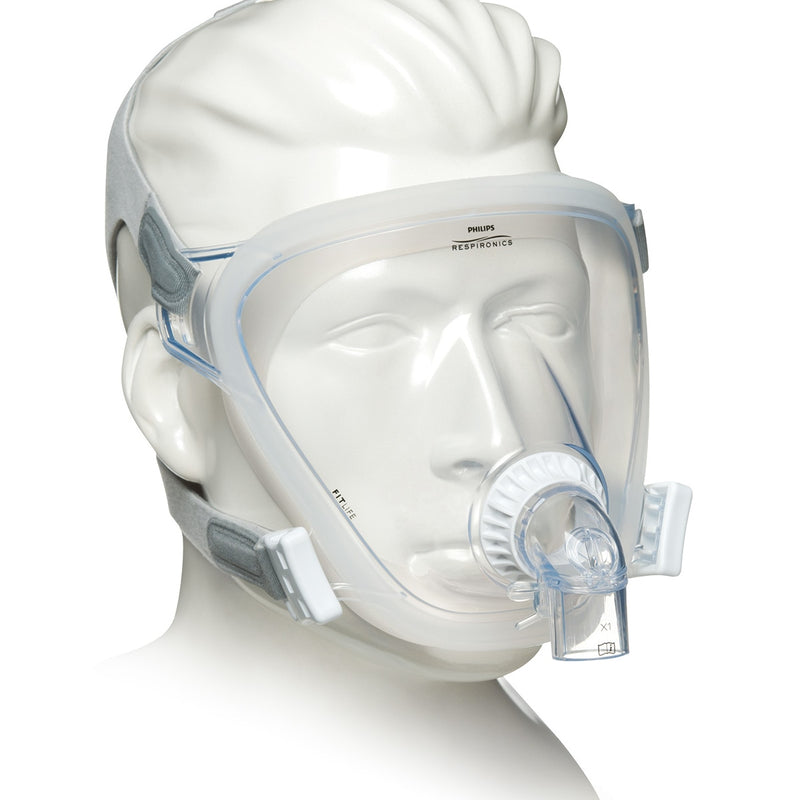 Side view of clear full face mask from FitLife Total Face CPAP Mask With Light Grey Headgear by Phillips Respironics.