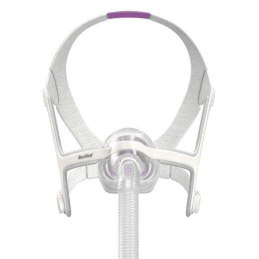 Front view of ResMed Air Touch N20 Nasal Mask For Her with grey and lavender part color on headgear.