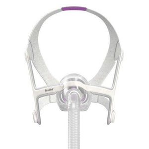 Front view of ResMed Air Touch N20 Nasal Mask For Her with grey and lavender part color on headgear.