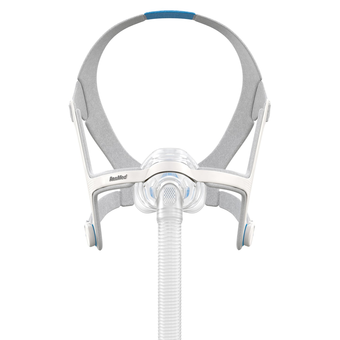 Front view of grey headgear and clear nasal mask system for Airfit N20 Complete Mask System
