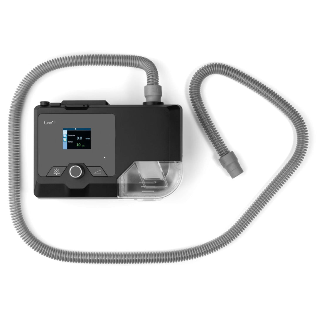 Top view of Luna II Auto CPAP With Integrated Heated Humidifier and swivel tube connector.