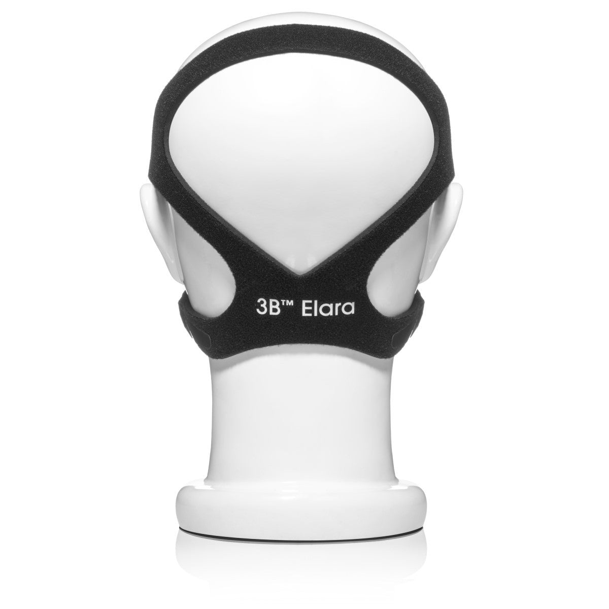 Back view of black 3B Elara CPAP headgear on a mannequin head showing strap design