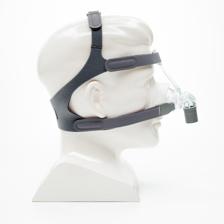 Side view of mannequin with the clear Eson Nasal Mask with grey headgear by Fisher and Paykel.