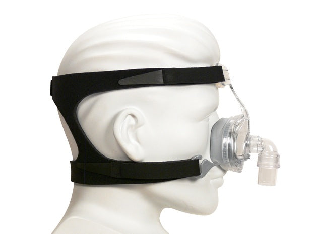 Mannequin with clear Zest Premium Nasal CPAP Mask with black Headgear by Fisher & Paykel.