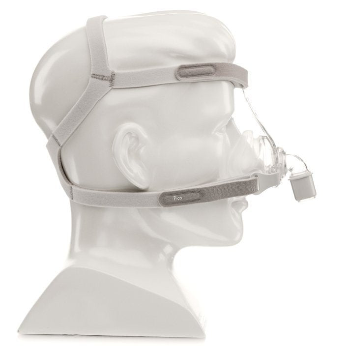 Right angle of mannequin using a grey headgear with clear nasal mask system for Pico Nasal CPAP Mask Fit Pack by Phillips Respironics.