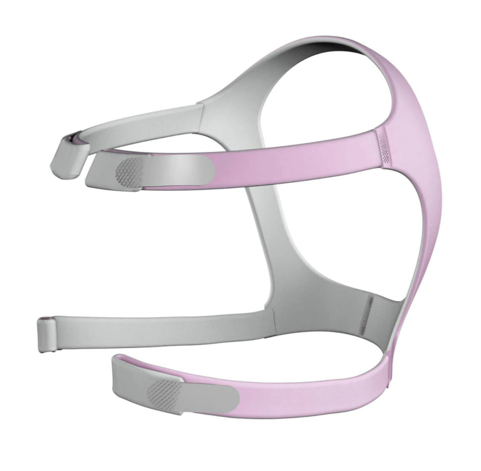 ResMed Mirage FX for Her headgear in pink and gray, side view showing top and bottom straps