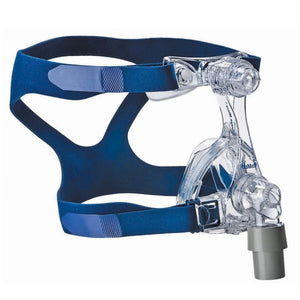 Side view of clear Mirage Micro Nasal Mask with blue headgear and grey tube connection by ResMed.