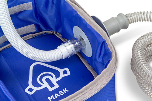 Detail view of swivel cable inside the  travel blue bag by Western Medical Inc.