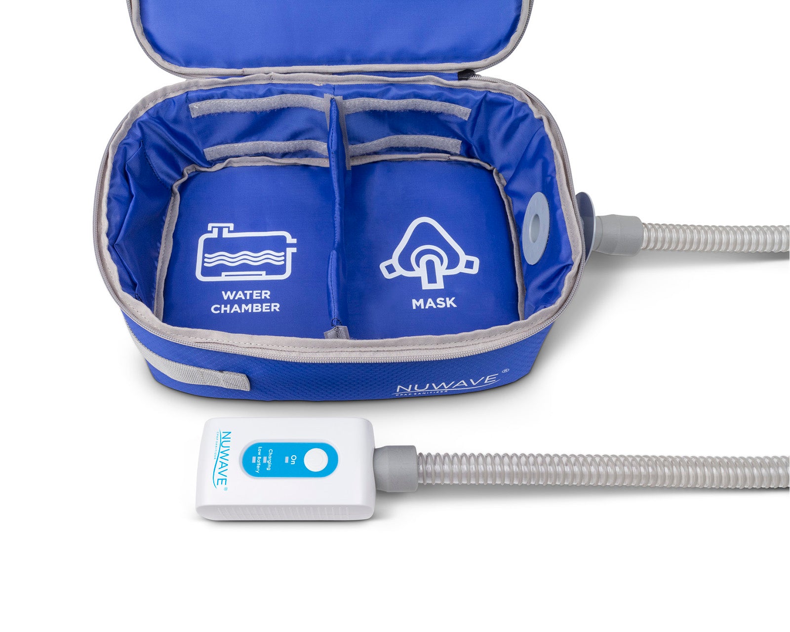 Front view of travel blue bag and NUWAVE Cleaner by Western Medical Inc.