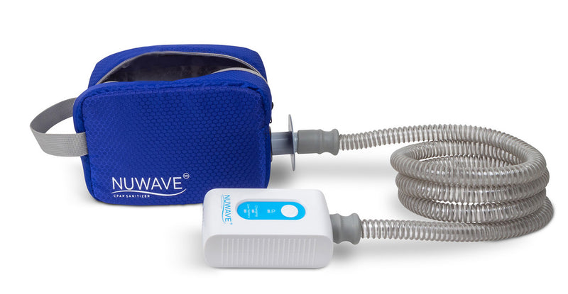 White with blue part CPAP machine cleaner in travel size with travel blue bag by Western Medical Inc.