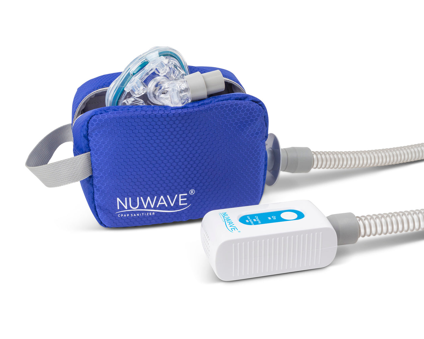 White with blue part CPAP machine cleaner in travel size with open travel blue bag by Western Medical Inc.