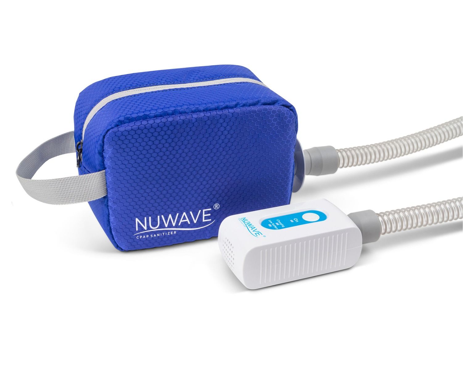 White with blue part CPAP machine cleaner in travel size with travel blue bag by Western Medical Inc.