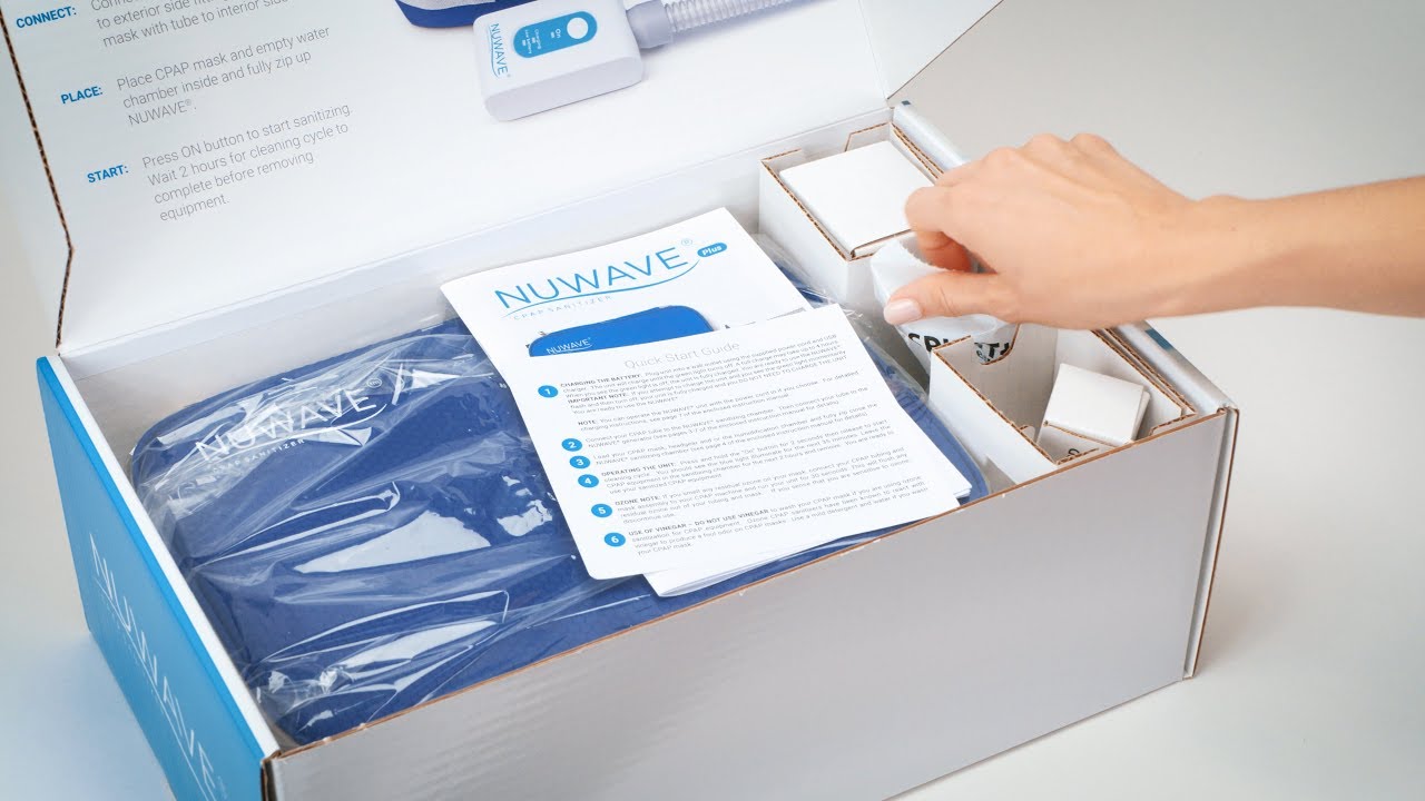 Box package of NUWAVE CPAP Cleaner Travel with instructions guide.