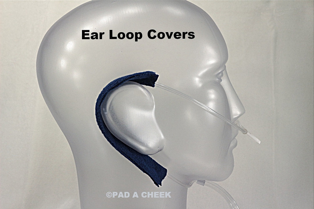 Ear loop covers for oxygen cannulas on a mannequin right ear