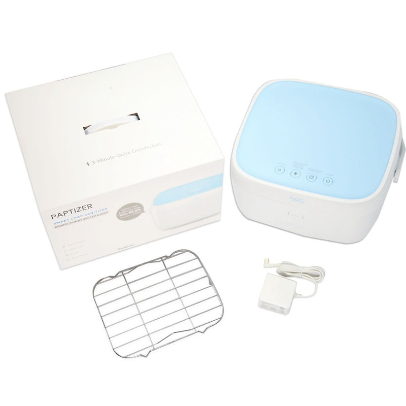 Front view of  Paptizer UV CPAP Cleaner and box