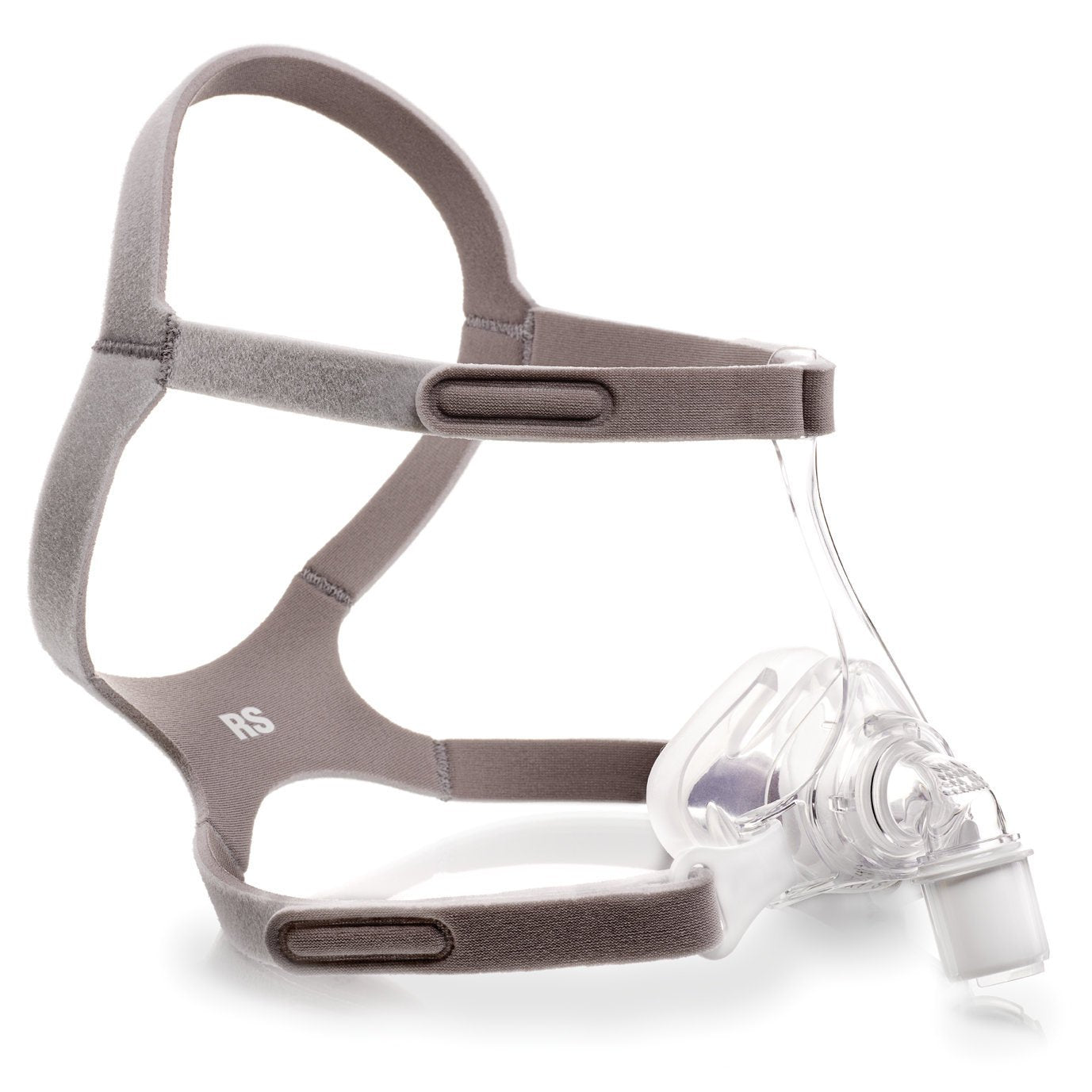 Side view of grey headgear with clear nasal mask system for Pico Nasal CPAP Mask Fit Pack by Phillips Respironics.