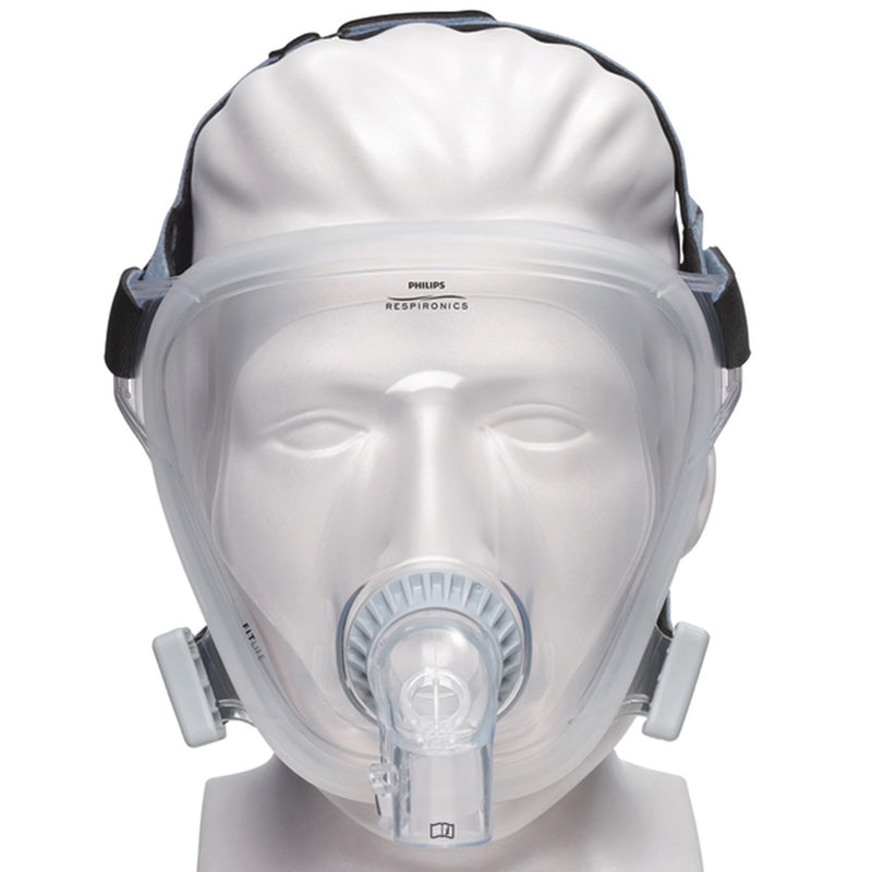 Front view of clear full face mask from FitLife Total Face CPAP Mask With Black Headgear by Phillips Respironics.