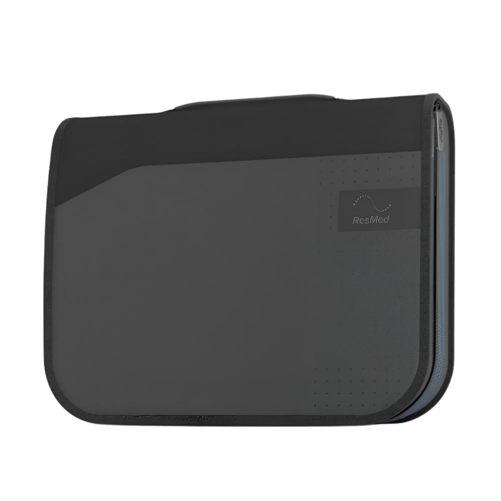 ResMed AirSense 11 travel bag closed, front view showing gray panel with embossed ResMed logo