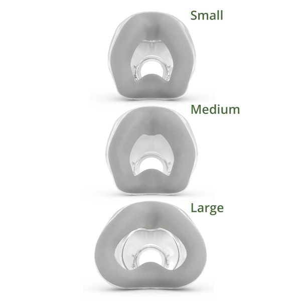 Inner view of different sizes of grey memory foam cushion for AirTouch N20 Nasal CPAP Mask by ResMed