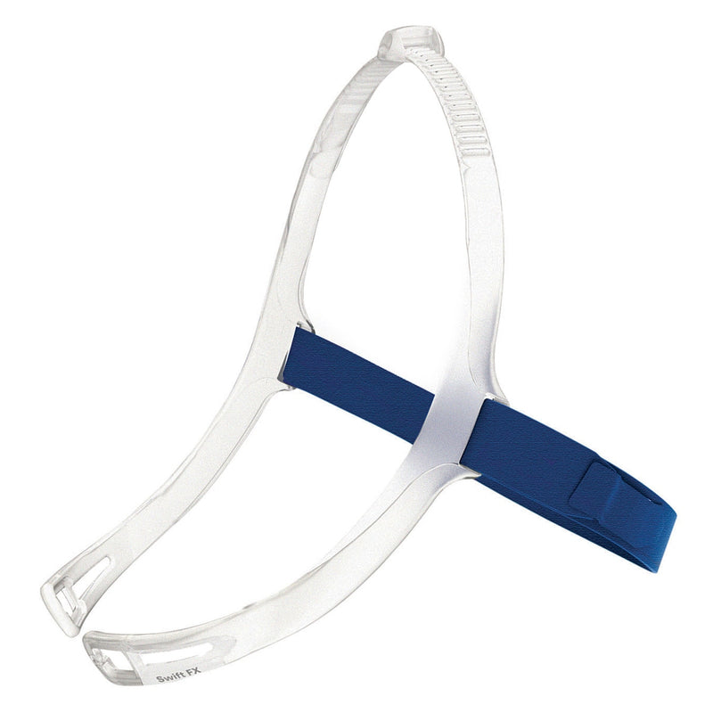 Full view Swift FX silicone headgear with a blue strap.