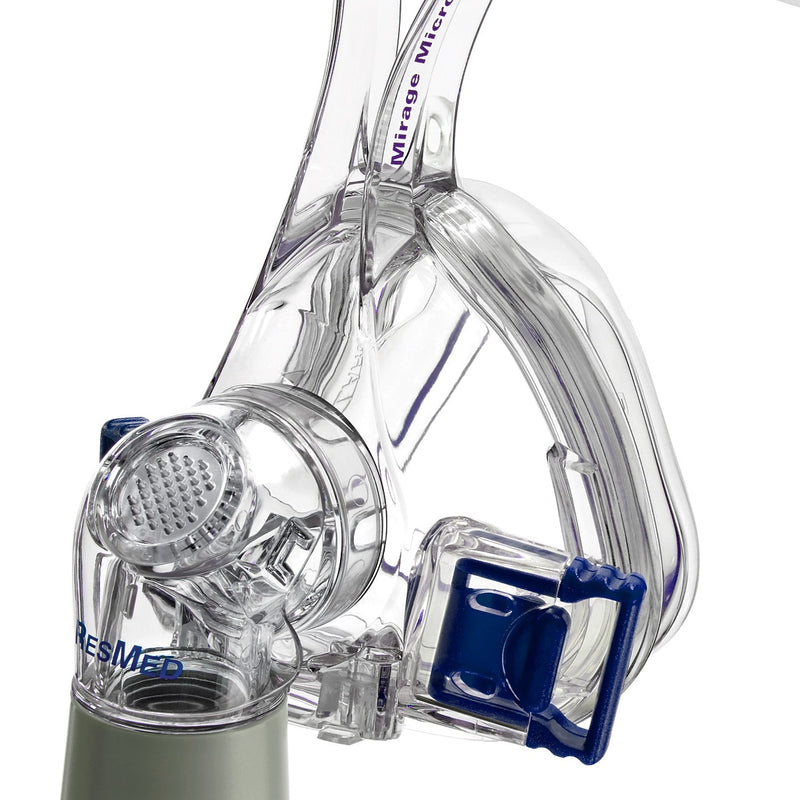 Detail view of clear Mirage Micro Nasal Mask with grey tube connection by ResMed.