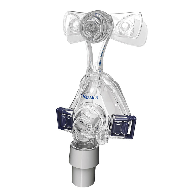 Side view of clear Mirage Micro Nasal Mask with grey tube connection by ResMed.