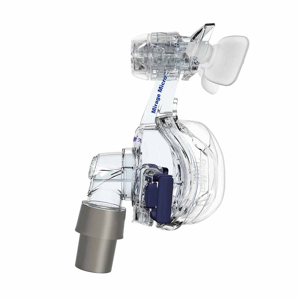 Side view of clear Mirage Micro Nasal Mask with grey tube connection by ResMed.