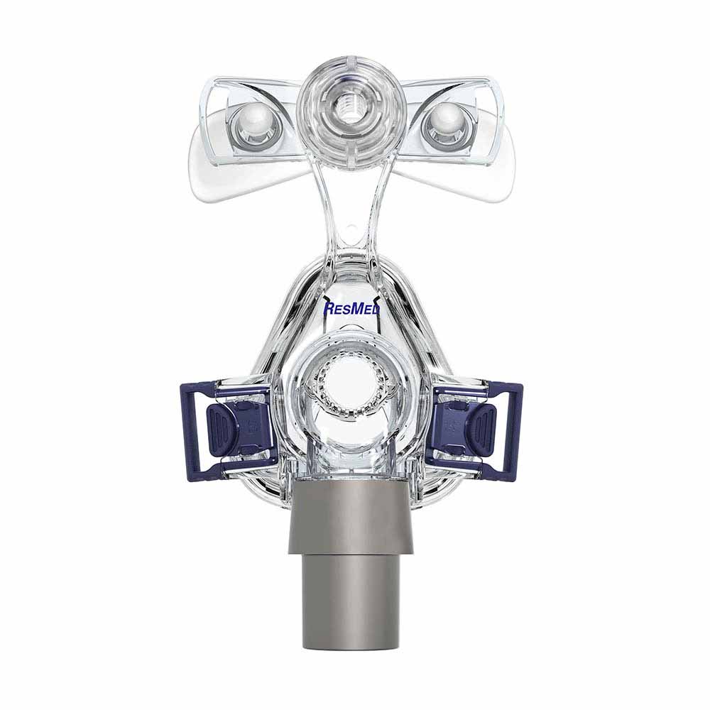 Front view of clear Mirage Micro Nasal Mask with grey tube connection by ResMed.